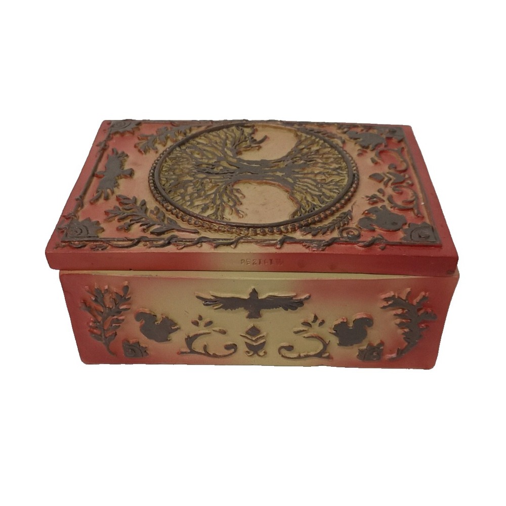 Tree Of Life Jewelry Trinket Box Intricate Raised Design Hand Painted BOHO